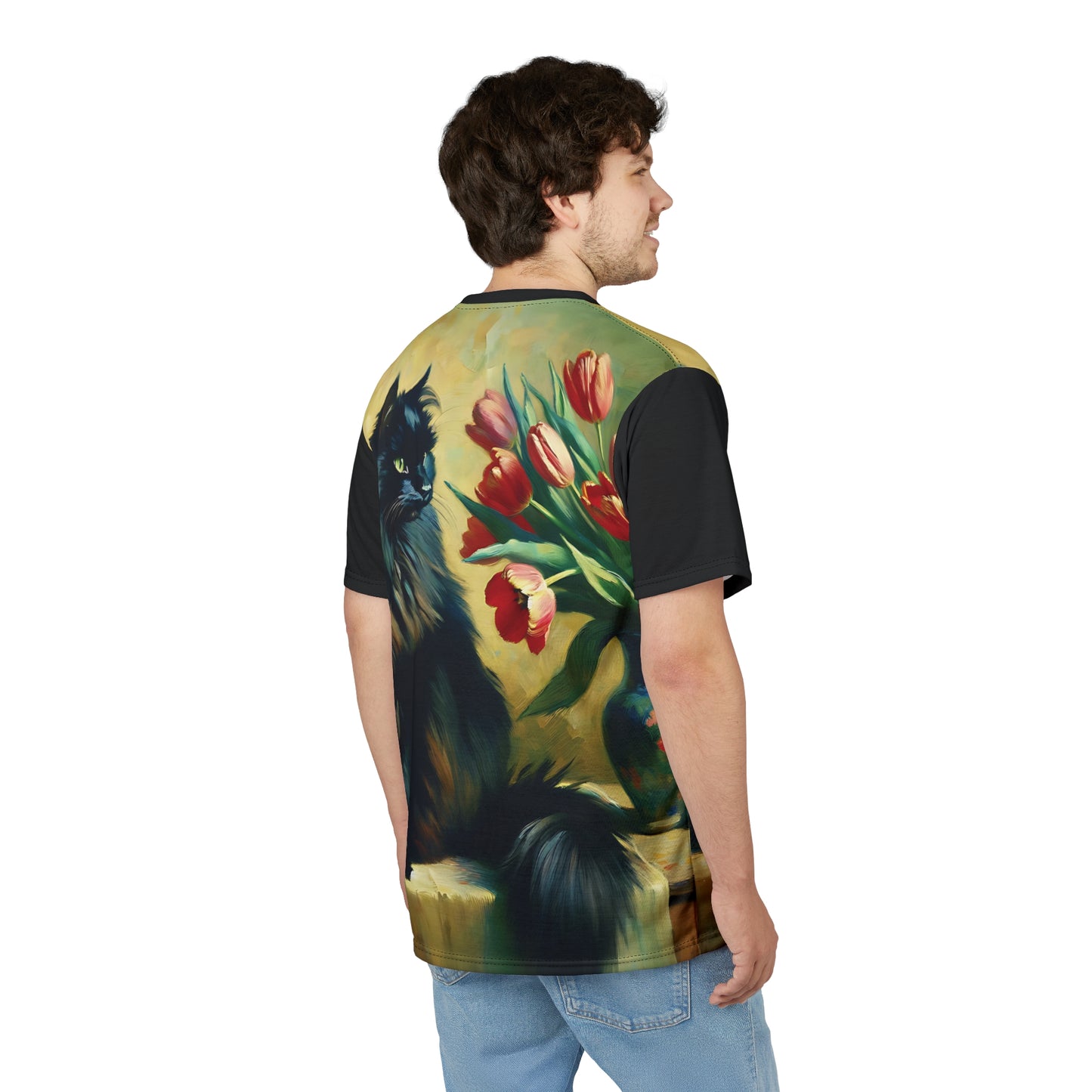 The Artist's Black Cat with Red Tulips Vibrant Art Tee | Colorful Unisex Cut & Sew T-Shirt, Wildlife Apparel, Unique Graphic Tee, Birthday Gift