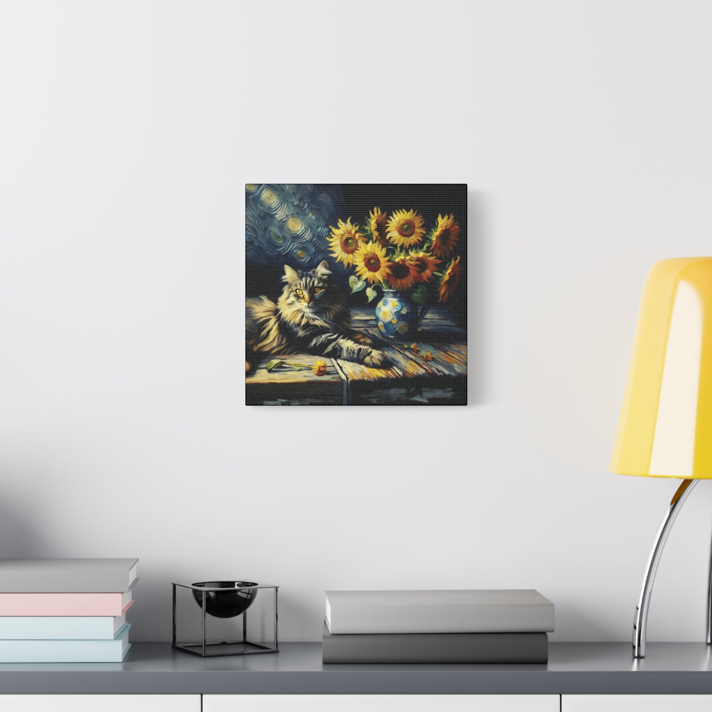 Canvas Wall Art - Grey Tabby Cat with Sunflowers - Old Master Style Art