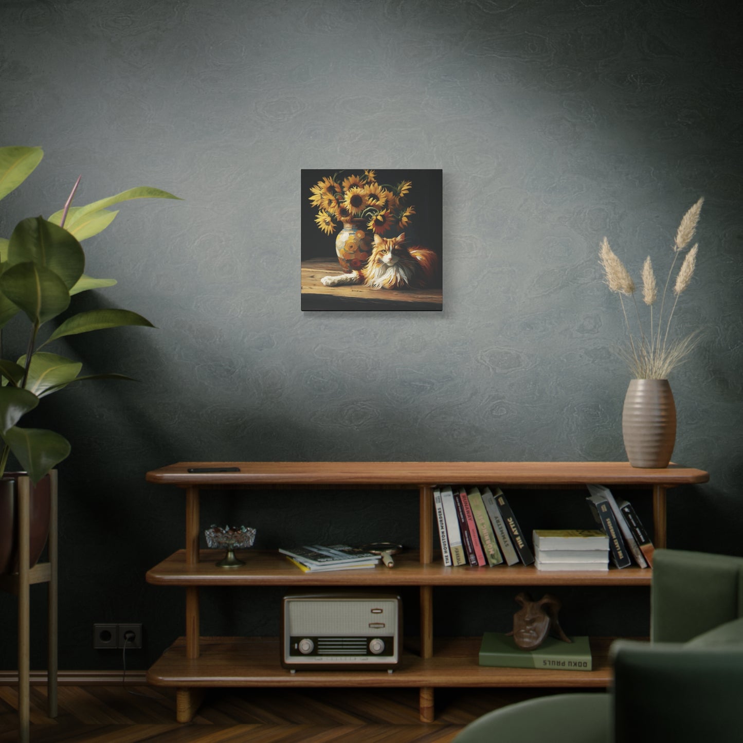 Canvas Wall Art - Orange and White Cat with Sunflowers Old Master Style Art