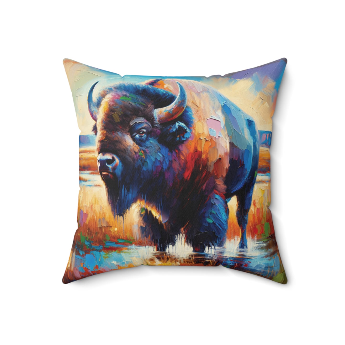 Lone Bison After Rain -  Square Throw Pillows