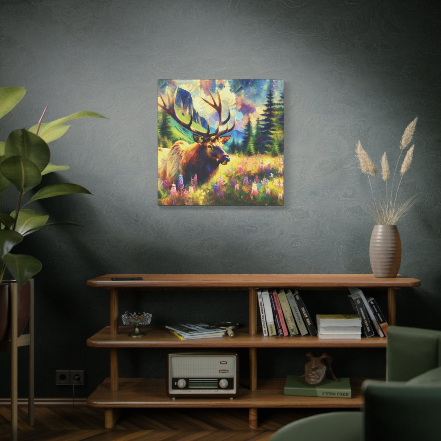 Bull Elk in Mountain Meadow Impressionist Canvas Art Print