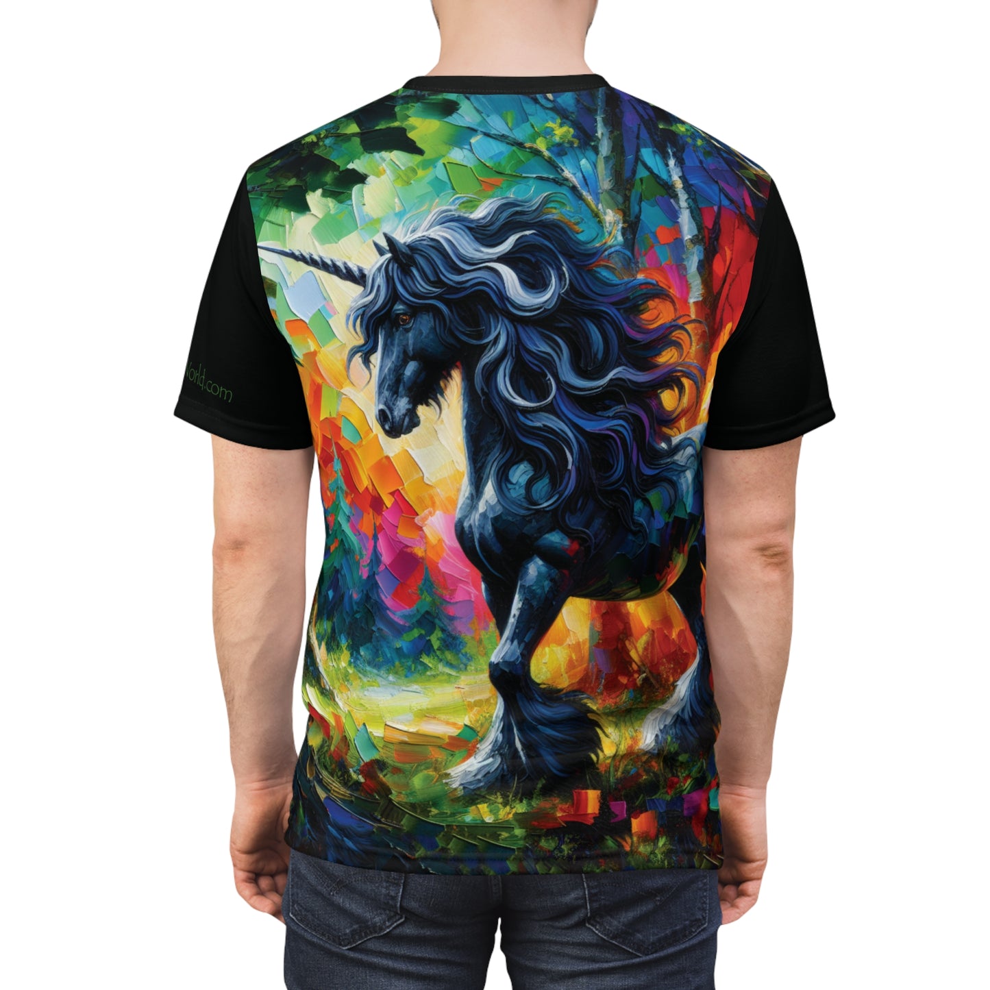 Elegant Black Stallion Unicorn Art Tee | Colorful Unisex Cut & Sew T-Shirt, Wildlife Apparel, Unique Graphic Tee