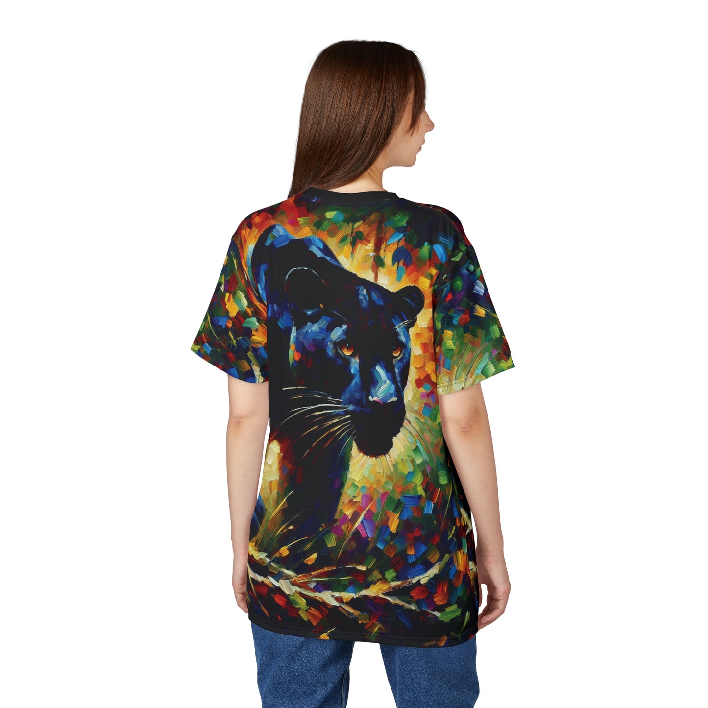 Stalking Black Panther in Jungle Vibrant Art Tee | Colorful Unisex Cut & Sew T-Shirt, Wildlife Apparel, Unique Graphic Tee, Birthday Gift