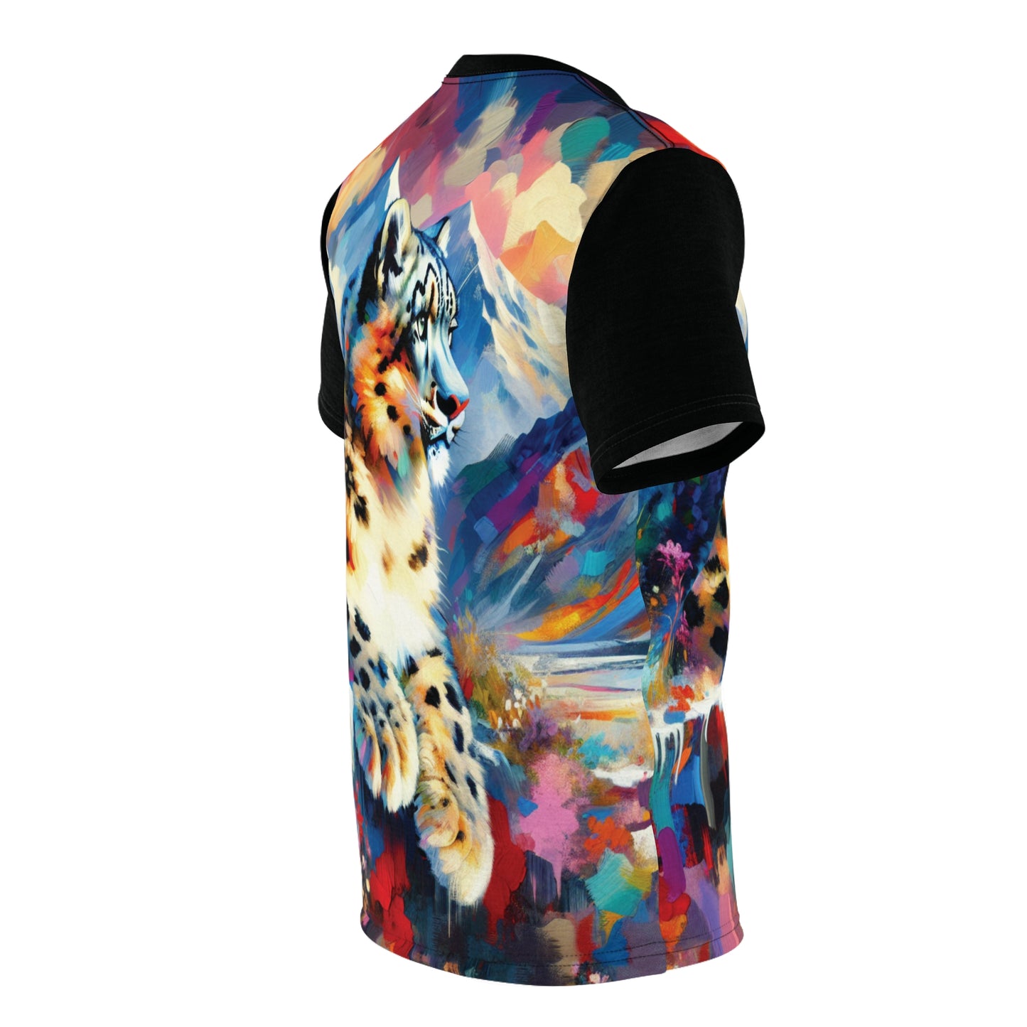 Himalayan Snow Leopard Vibrant Art Tee | Colorful Unisex Cut & Sew T-Shirt, Wildlife Apparel, Unique Graphic Tee, Birthday Gift