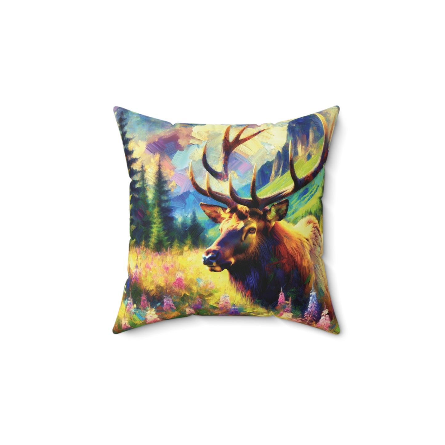 Bull Elk in Mountain Meadow - Square Throw Pillows
