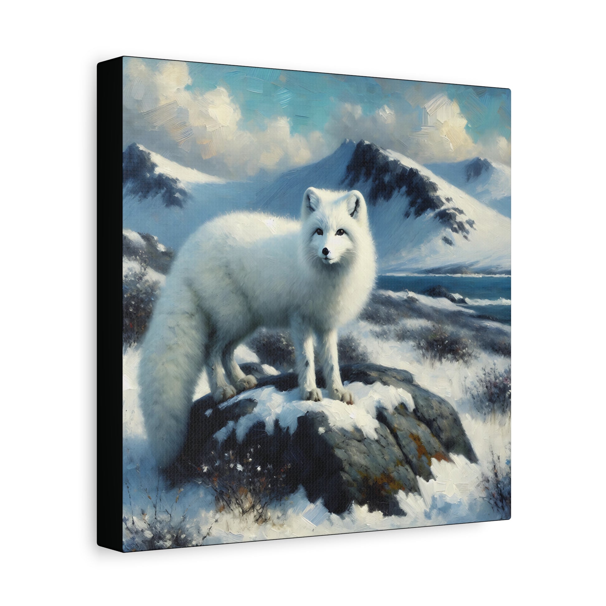 Canvas print of an arctic fox in a snowy landscape with mountains.