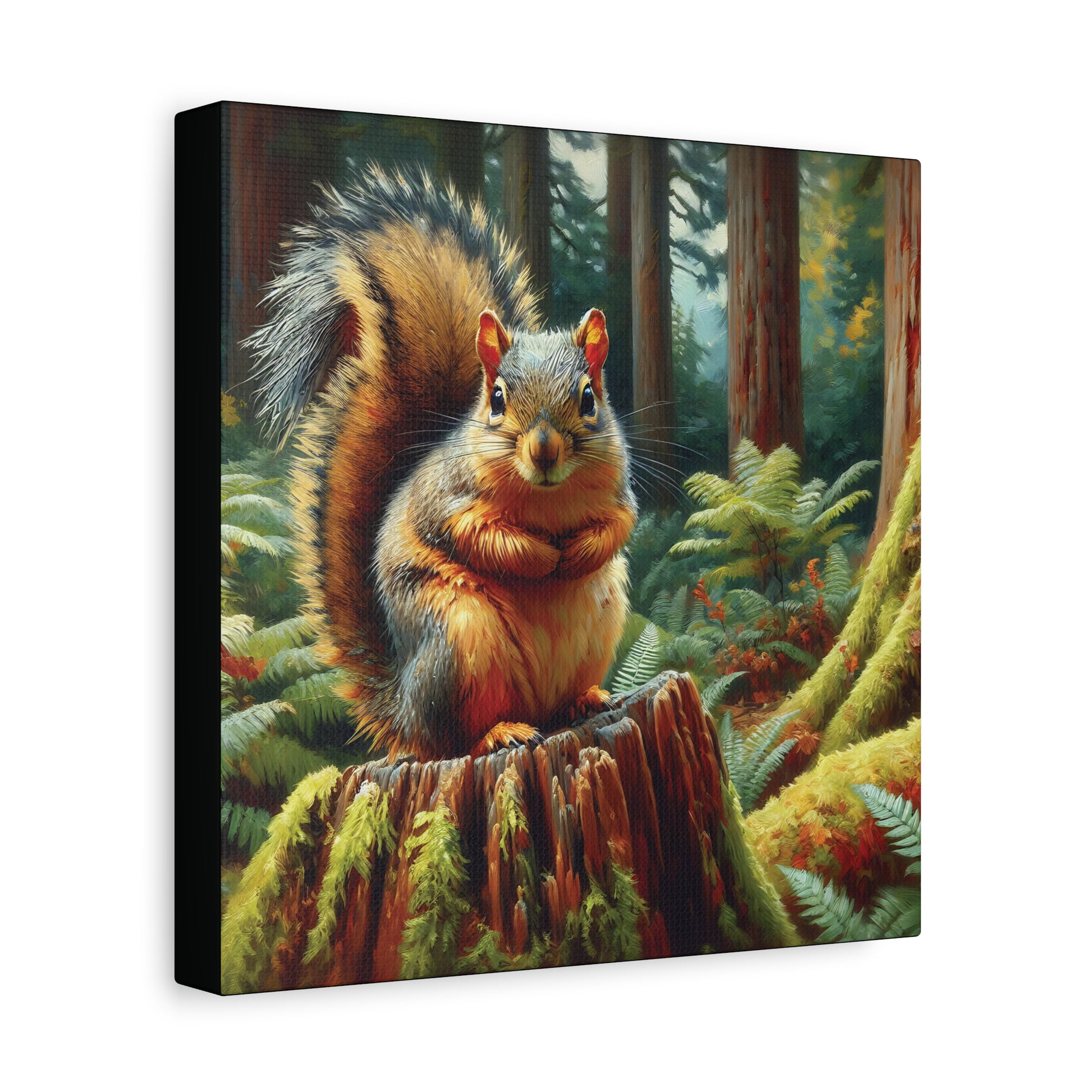 Canvas print of a squirrel on a stump with a forest background