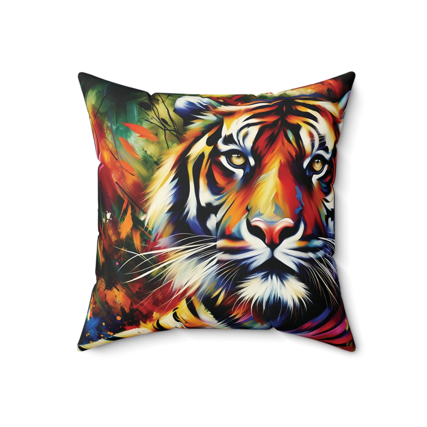 Tiger Pillow - Tiger Portrait in Bright Colors on Faux Suede Pillow