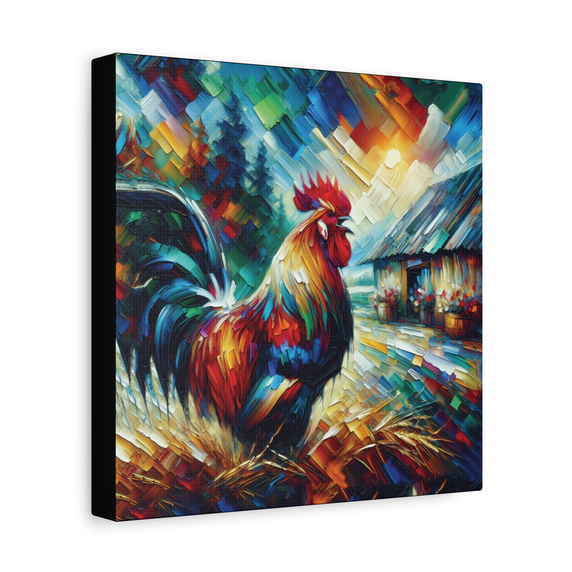 Colorful painting of a rooster on an abstract background