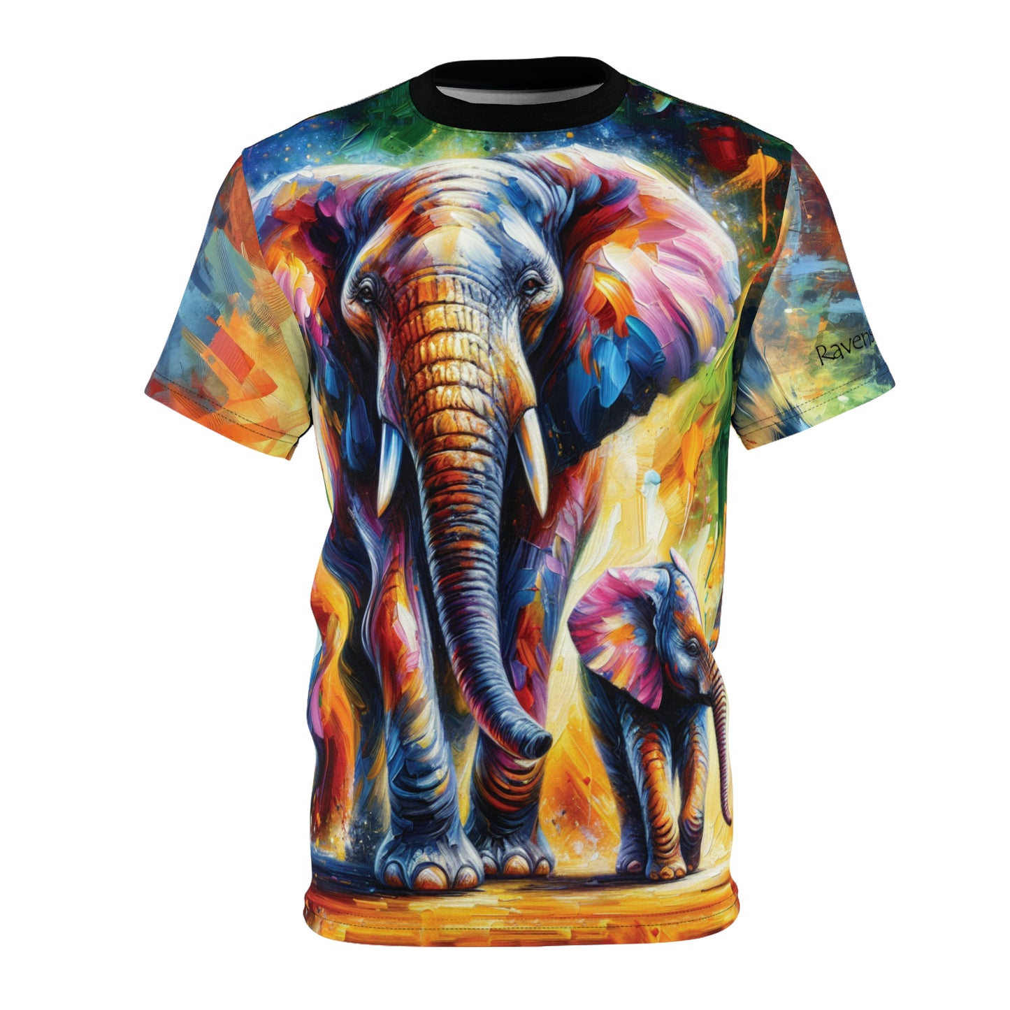 Colorful t-shirt with a design of two elephants on a white background