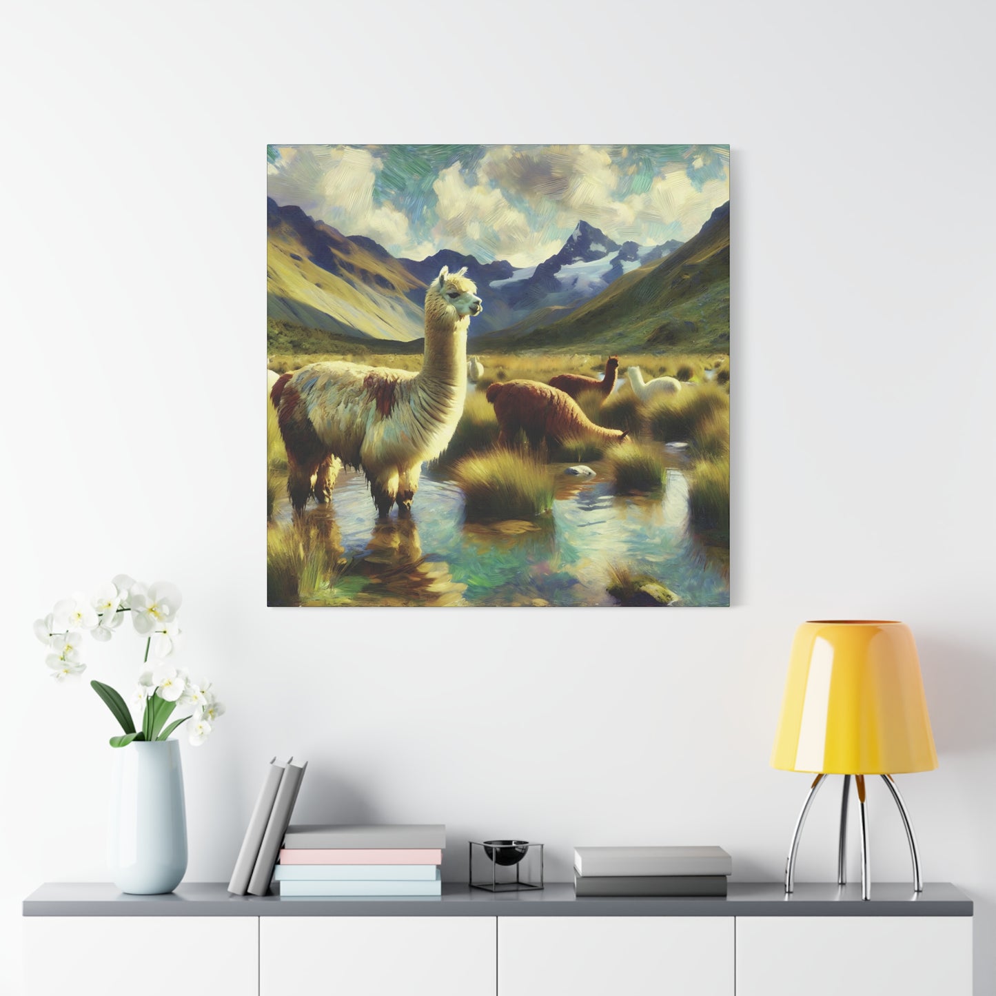 Alpacas in the Andes Canvas Art Print | Impressionist Wildlife Art