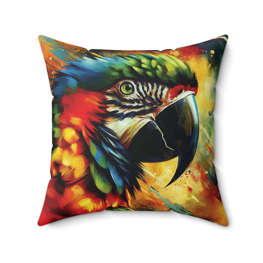 Colorful scarlet macaw pillow with vibrant colors