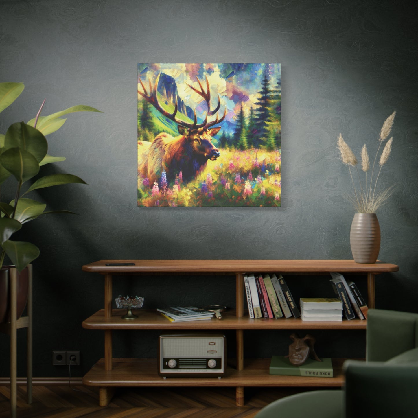 Bull Elk in Mountain Meadow Impressionist Canvas Art Print