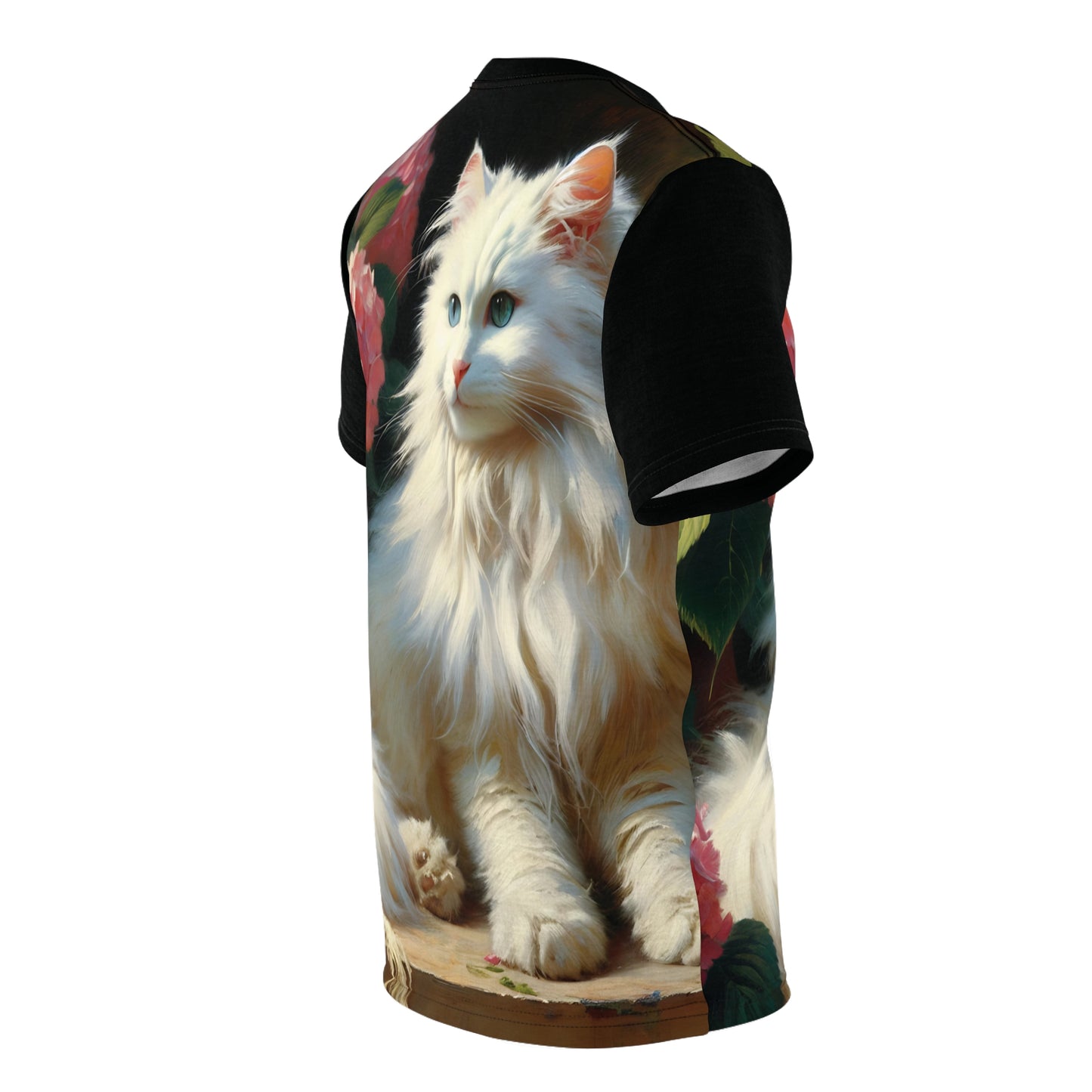 Blue-Eyed White Cat with Pink Hydrangeas Vibrant Art Tee | Colorful Unisex Cut & Sew T-Shirt, Wildlife Apparel, Unique Graphic Tee, Birthday Gift