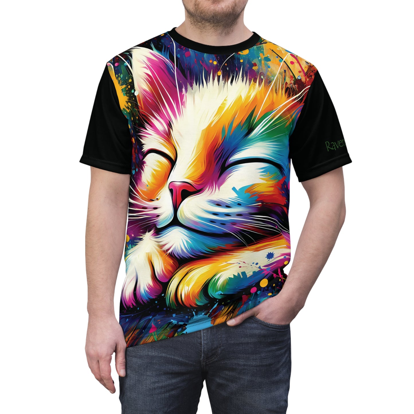 Contented Cat Vibrant Art Tee | Colorful Unisex Cut & Sew T-Shirt, Wildlife Apparel, Unique Graphic Tee, Birthday Gift
