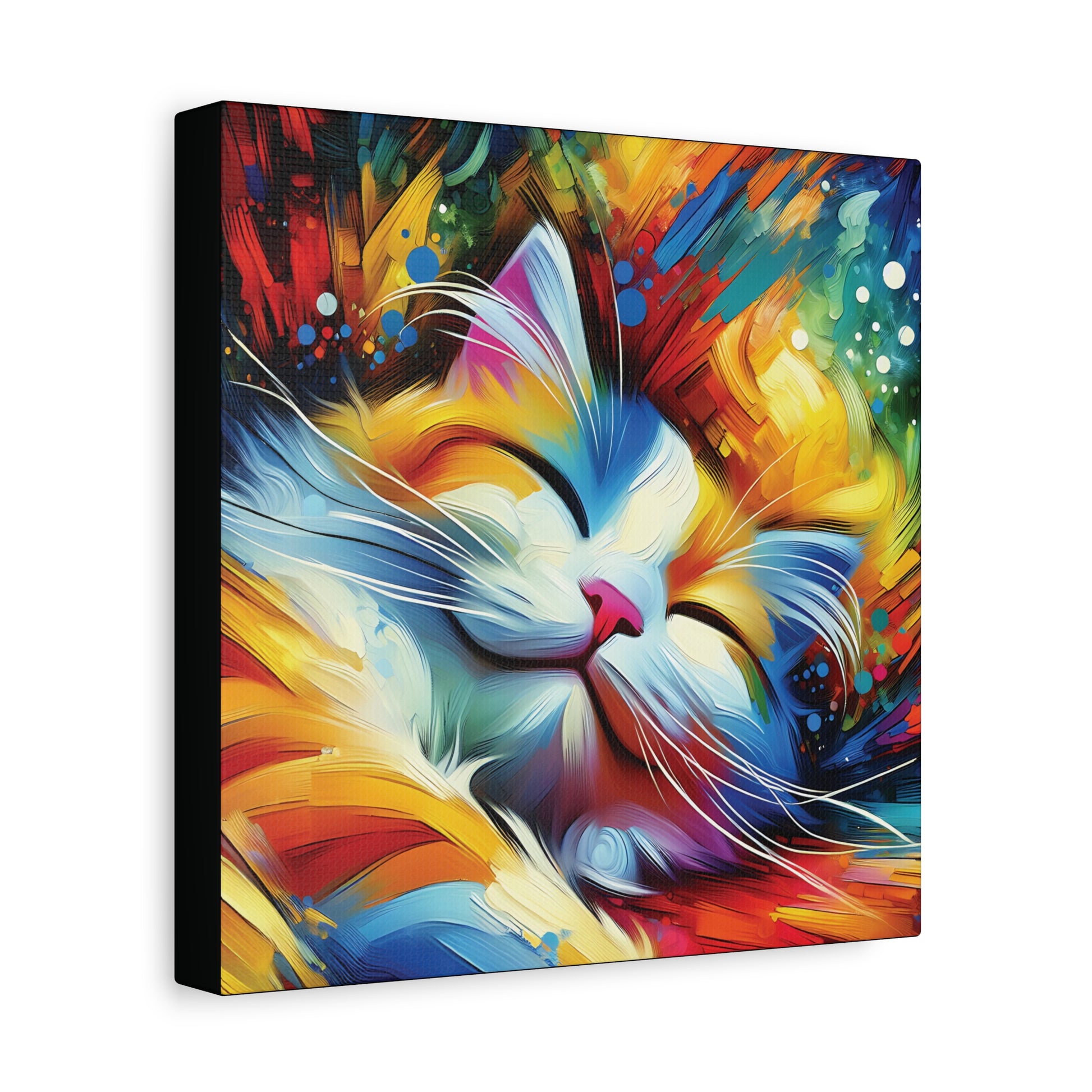 A canvas wall art print of a colorful, stylized representation of a cat in a dreamy, abstract impressionist art style.