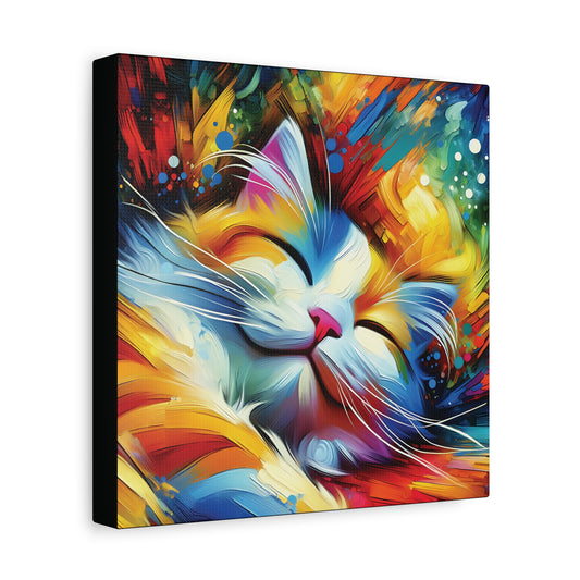 A canvas wall art print of a colorful, stylized representation of a cat in a dreamy, abstract impressionist art style.