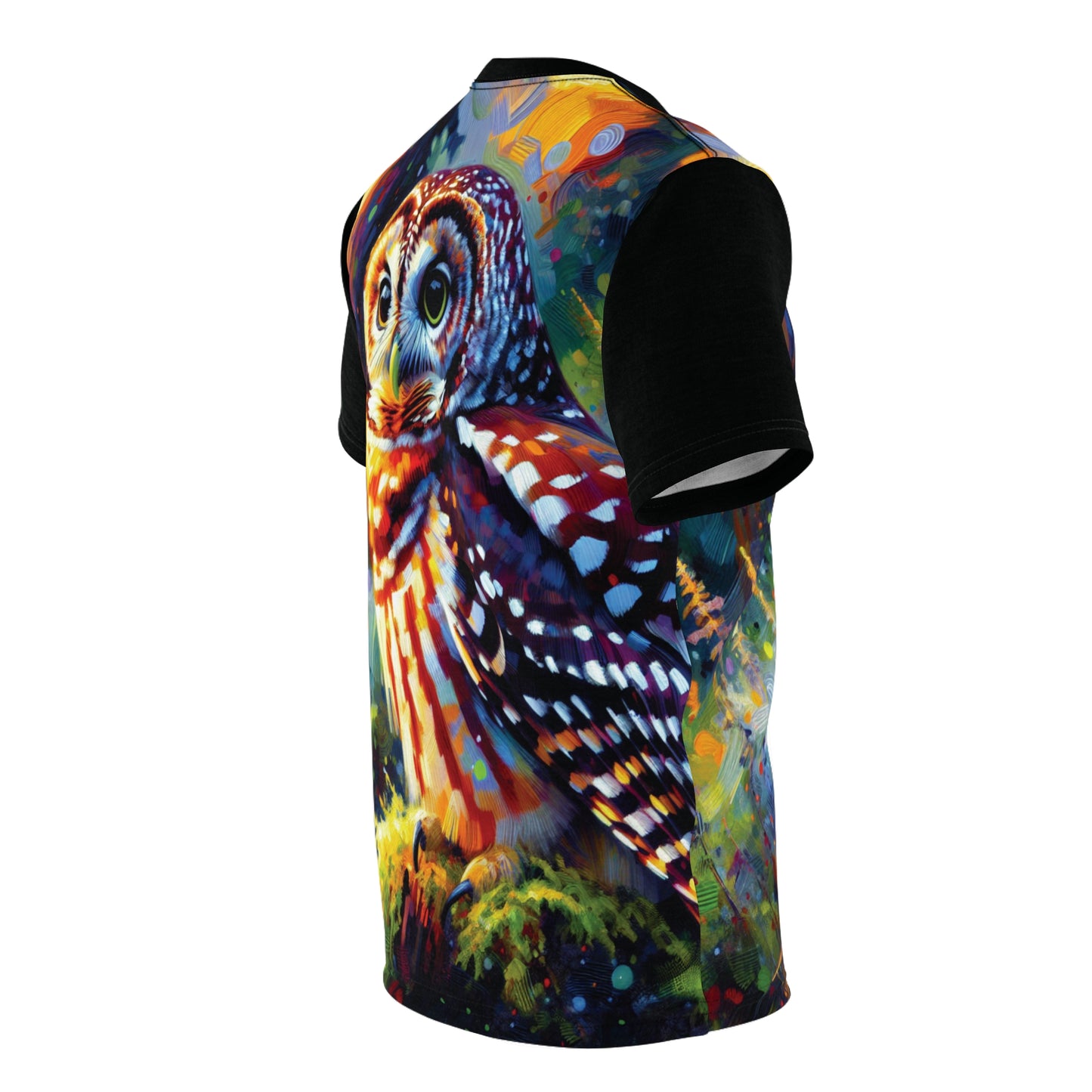 Barred Owl at Sunset Vibrant Art Tee | Colorful Unisex Cut & Sew T-Shirt, Wildlife Apparel, Unique Graphic Tee, Birthday Gift