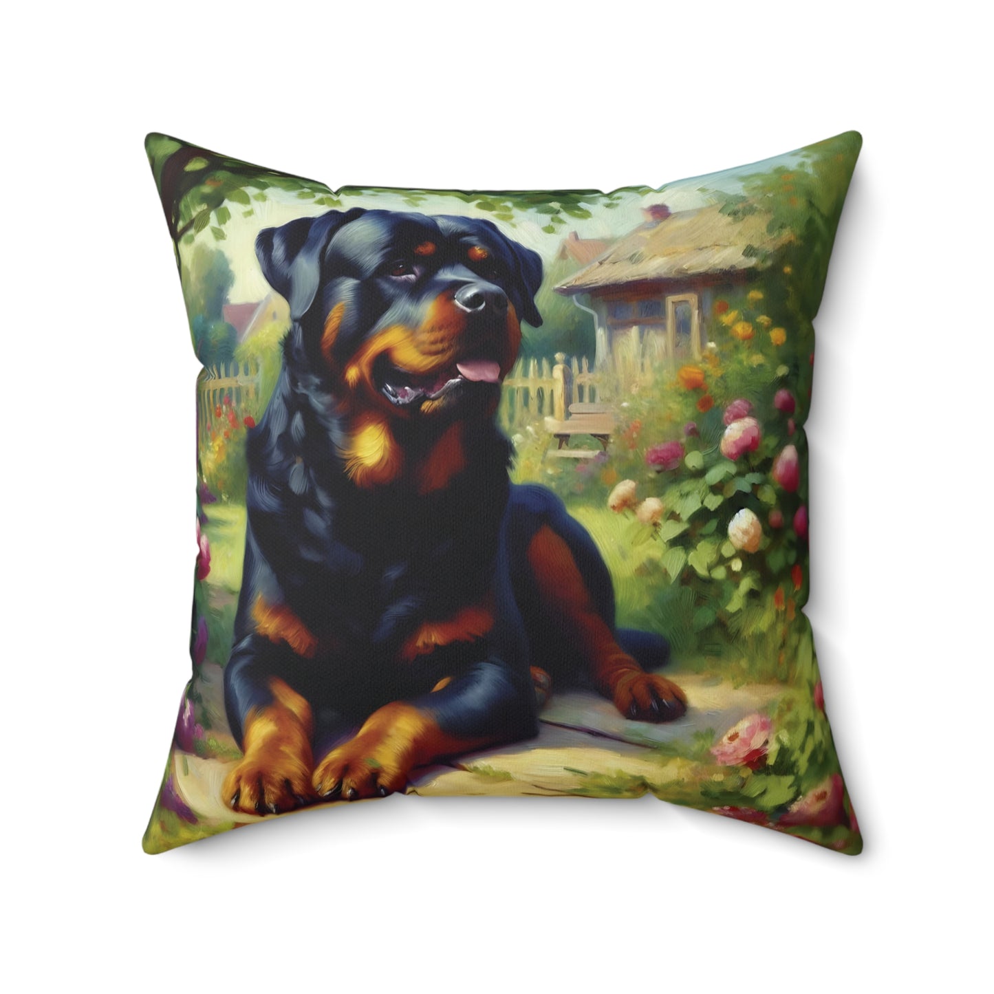 Rottweiler Throw Pillow - Impressionist Style Art - Rottweiler in Garden on Faux Suede Square Pillow