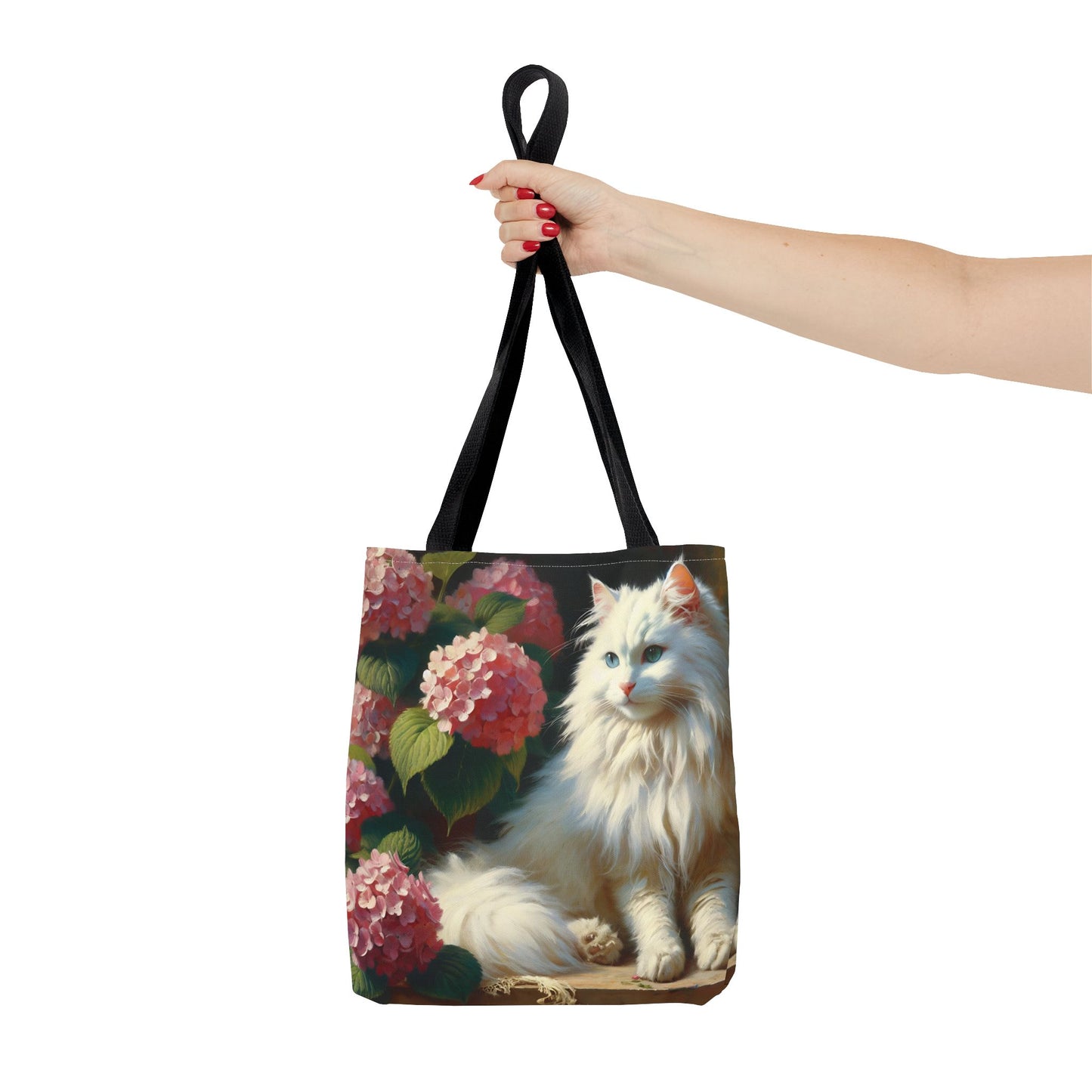 Cat Tote Bag with Pink Hydrangeas - Impressionist Style Art