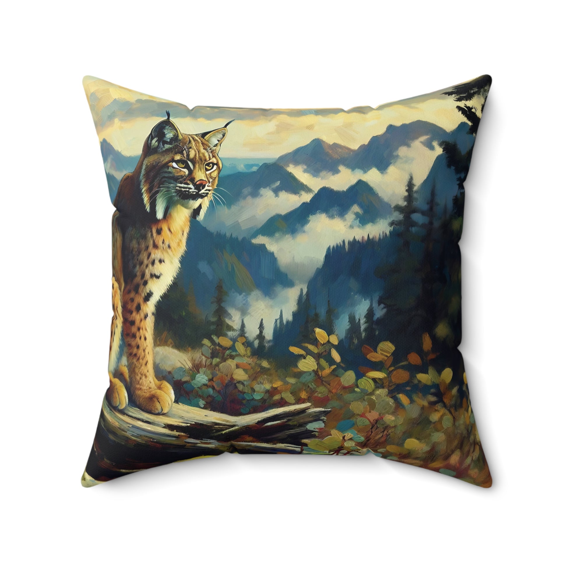 Decorative pillow with a lynx and mountain landscape design