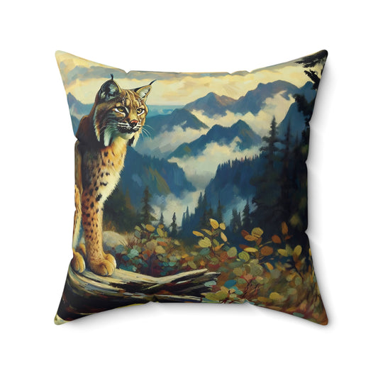 Decorative pillow with a lynx and mountain landscape design