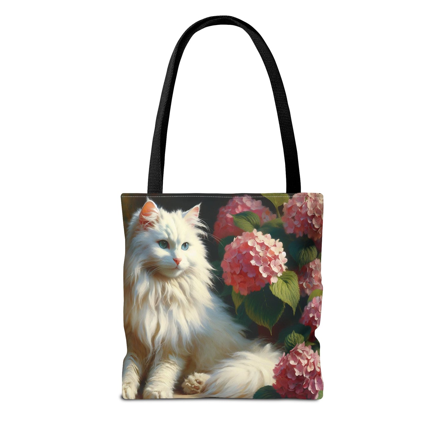 Cat Tote Bag with Pink Hydrangeas - Impressionist Style Art