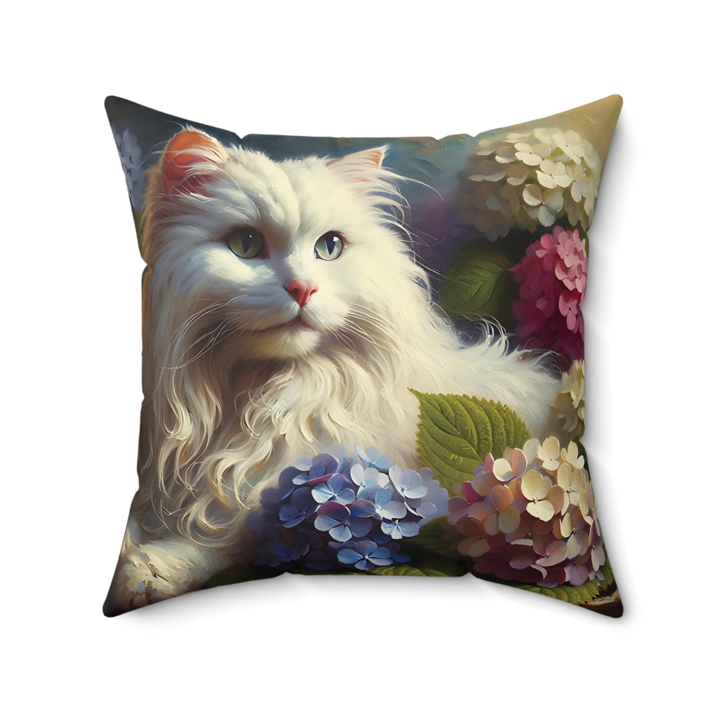 Decorative Pillow - Young White Cat with Hydrangeas Cozy Faux Suede