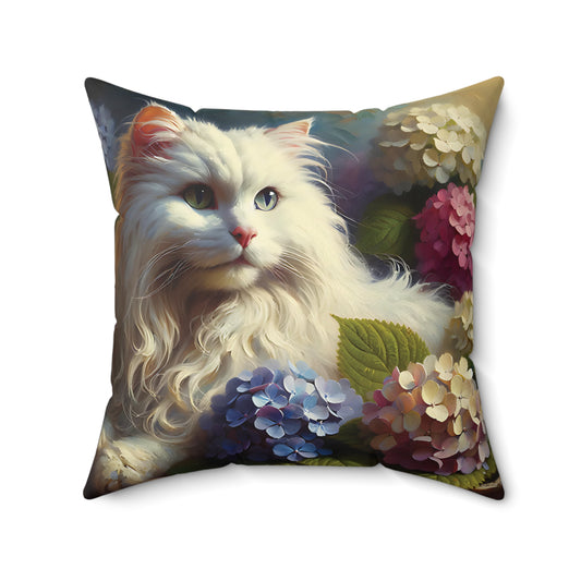 Decorative Pillow - Young White Cat with Hydrangeas Cozy Faux Suede