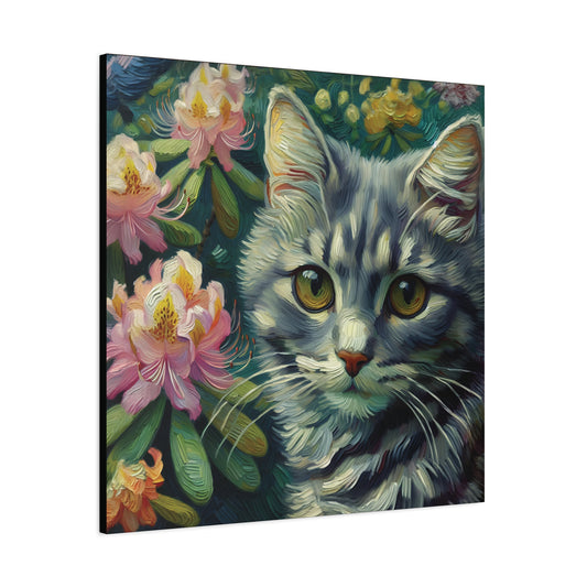 Canvas print of a young grey tabby cat surrounded by flowers