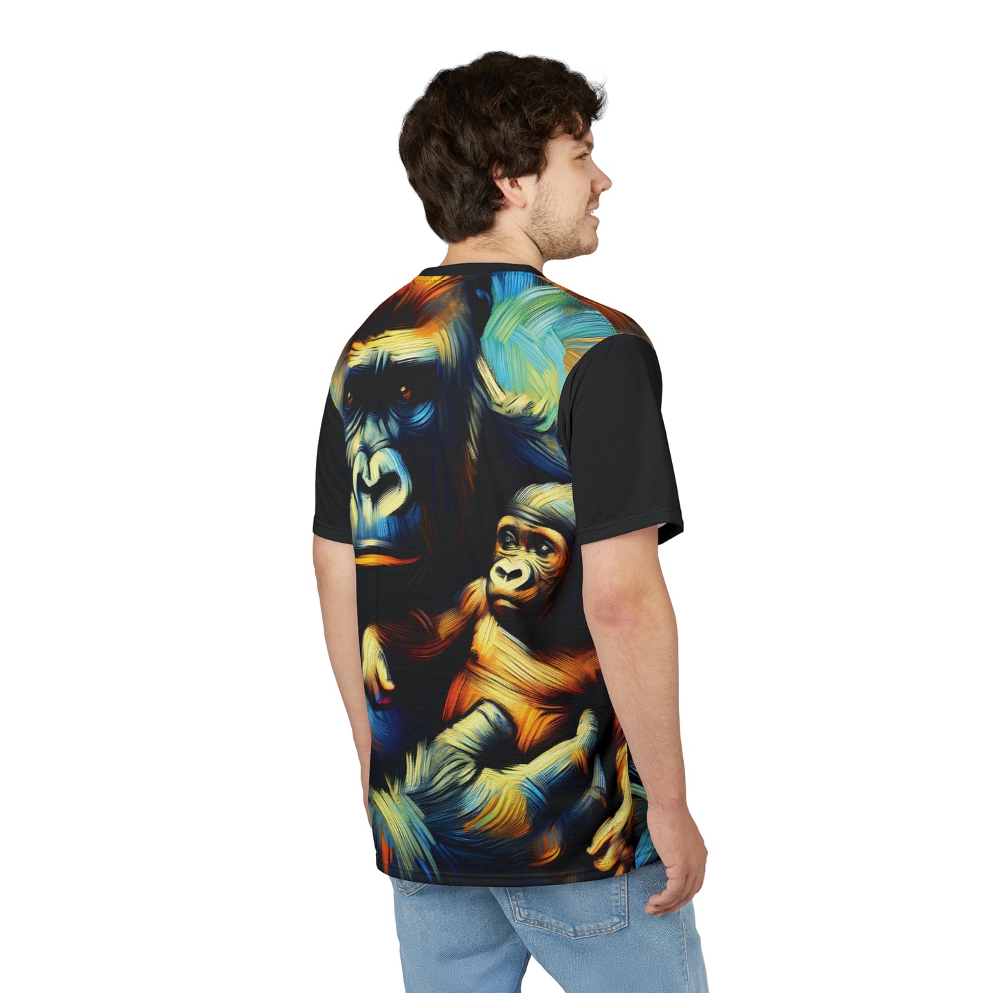 Gorilla Holding Baby Art Tee | Colorful Unisex Cut & Sew T-Shirt, Wildlife Apparel, Unique Graphic Tee, Birthday Gift