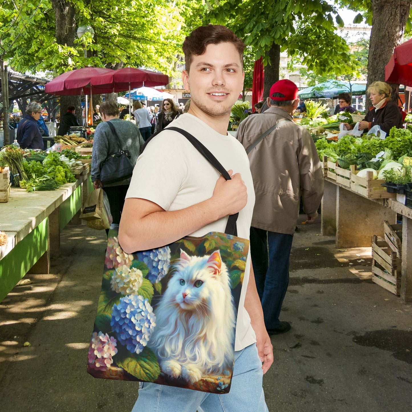Cat Tote Bag - Impressionist Style Art featuring The Artist's White Cat with Hydrangeas