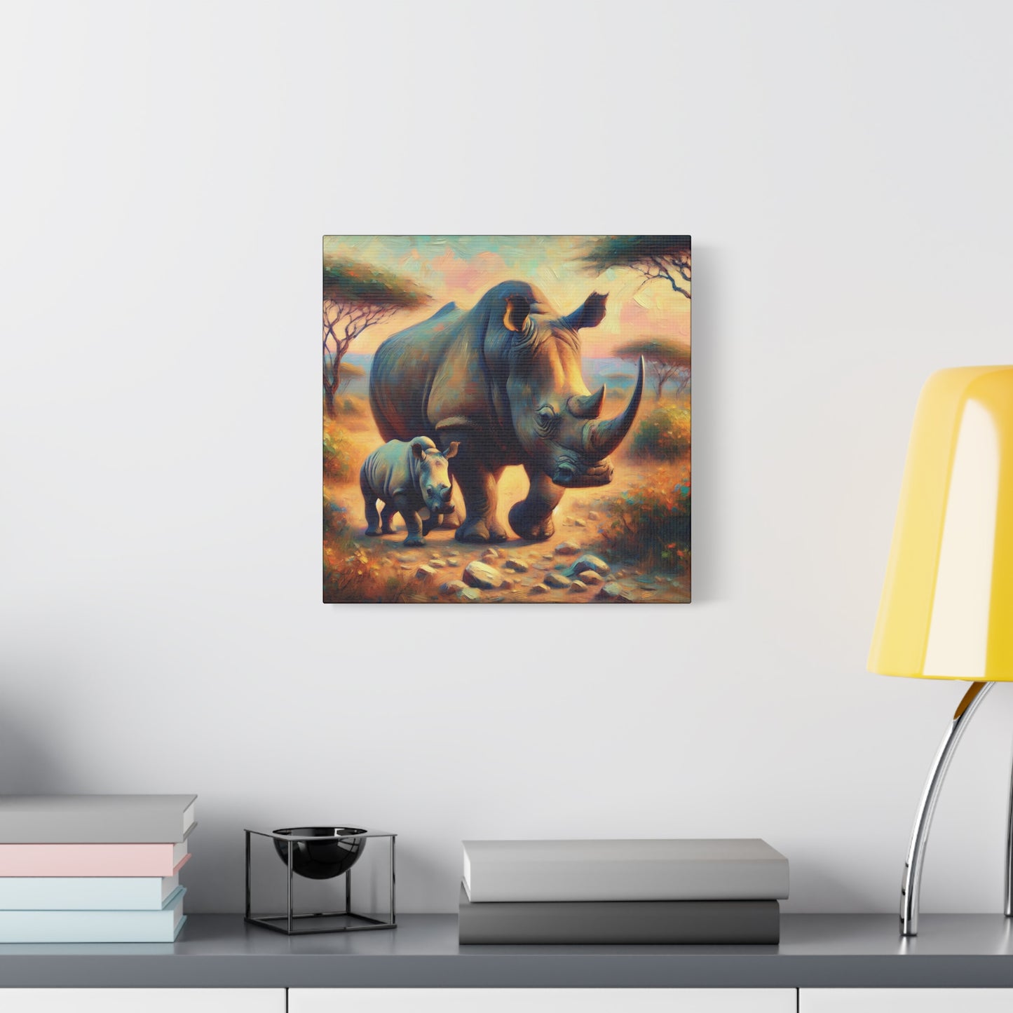 Rhino with Baby Impressionist Canvas Wall Art