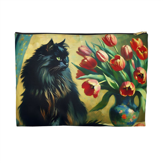 Cat Lover's Accessory Pouch, Artists Black Cat with Red Tulips, Cute Cat Makeup Bag, Pet-Themed Gift, Floral Storage Bag, Cat Mom Essential
