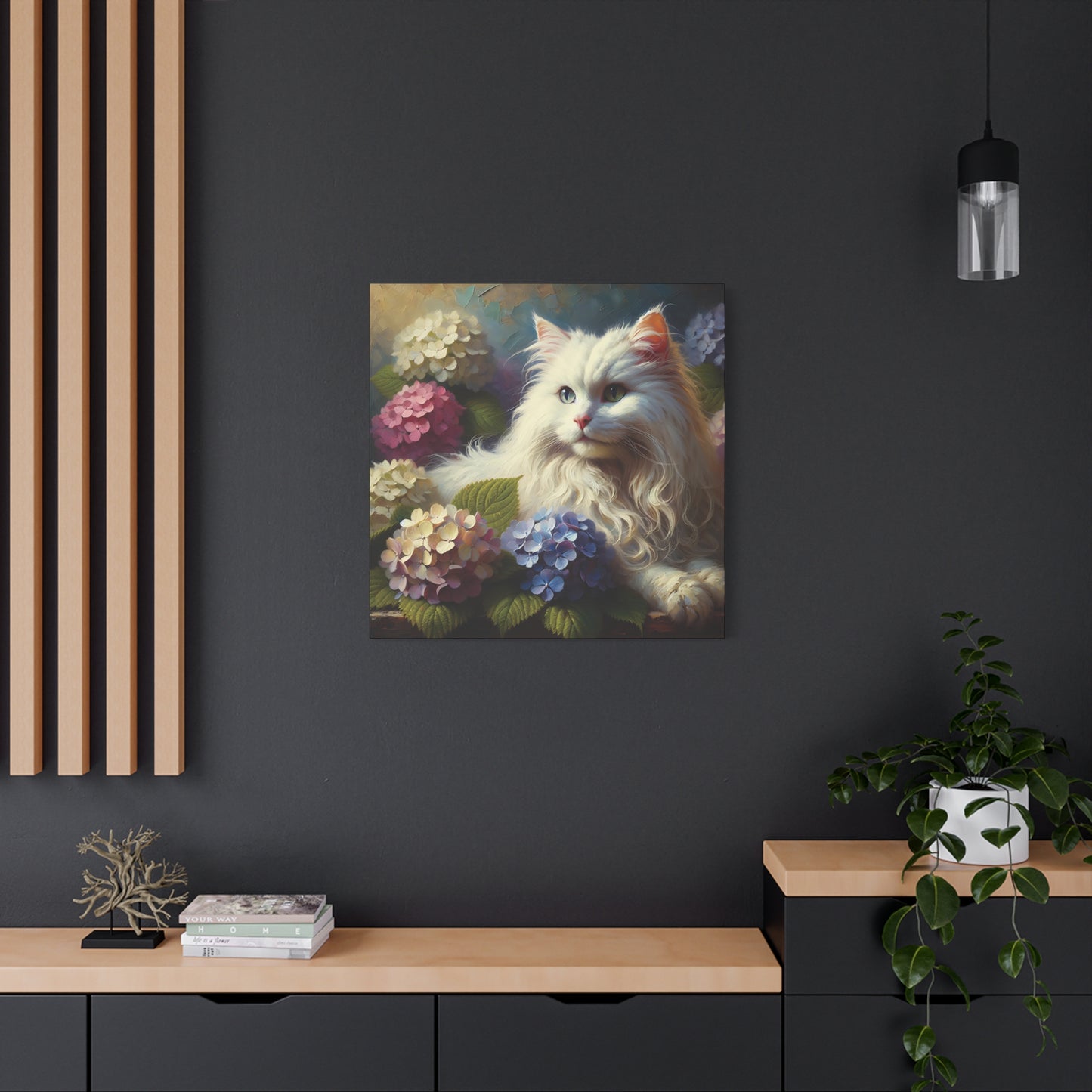 The Artist's White Cat with Hydrangeas, Impressionist Style Canvas Wall Art
