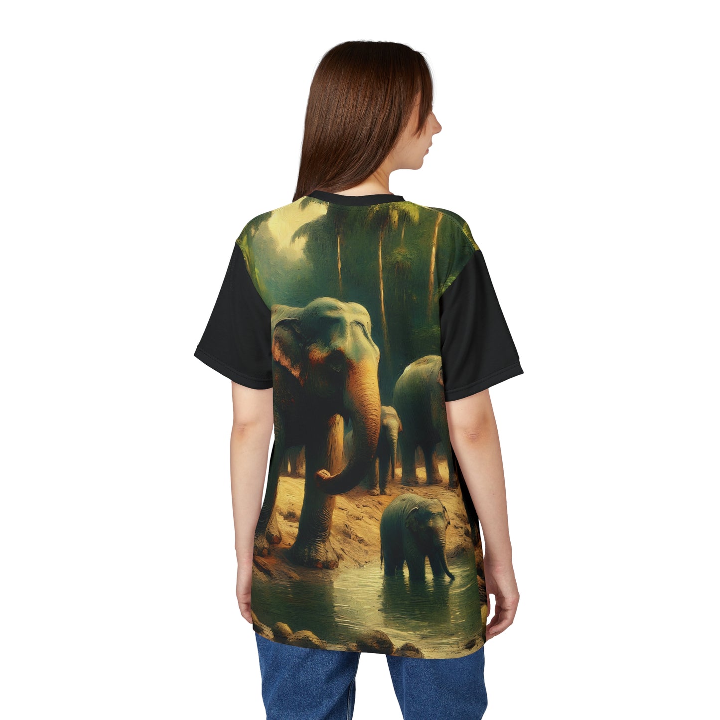 Asiatic Elephant Herd at Watering Hole Vibrant Art Tee | Colorful Unisex Cut & Sew T-Shirt, Wildlife Apparel, Unique Graphic Tee, Birthday Gift