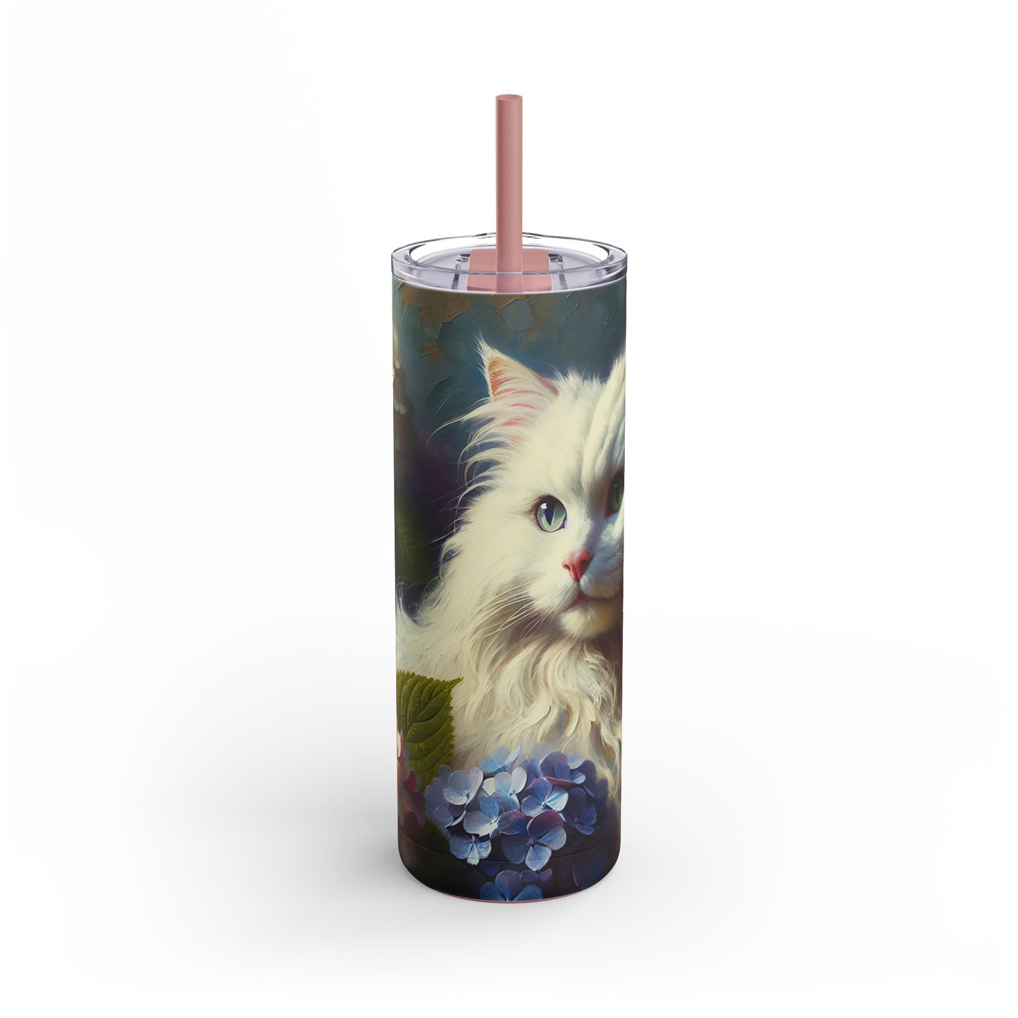 Travel Mug - The Artist's White Cat with Hydrangeas - Impressionist Art Style
