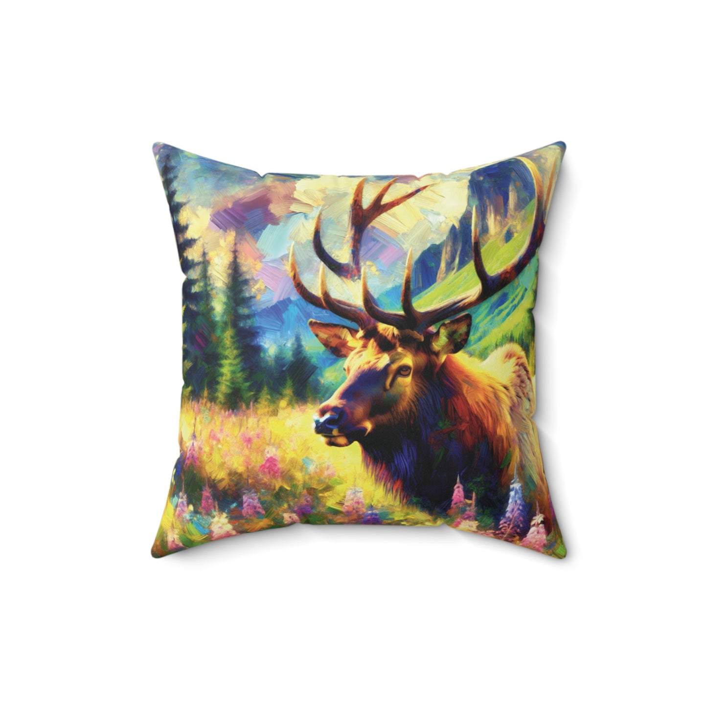 Bull Elk in Mountain Meadow - Square Throw Pillows