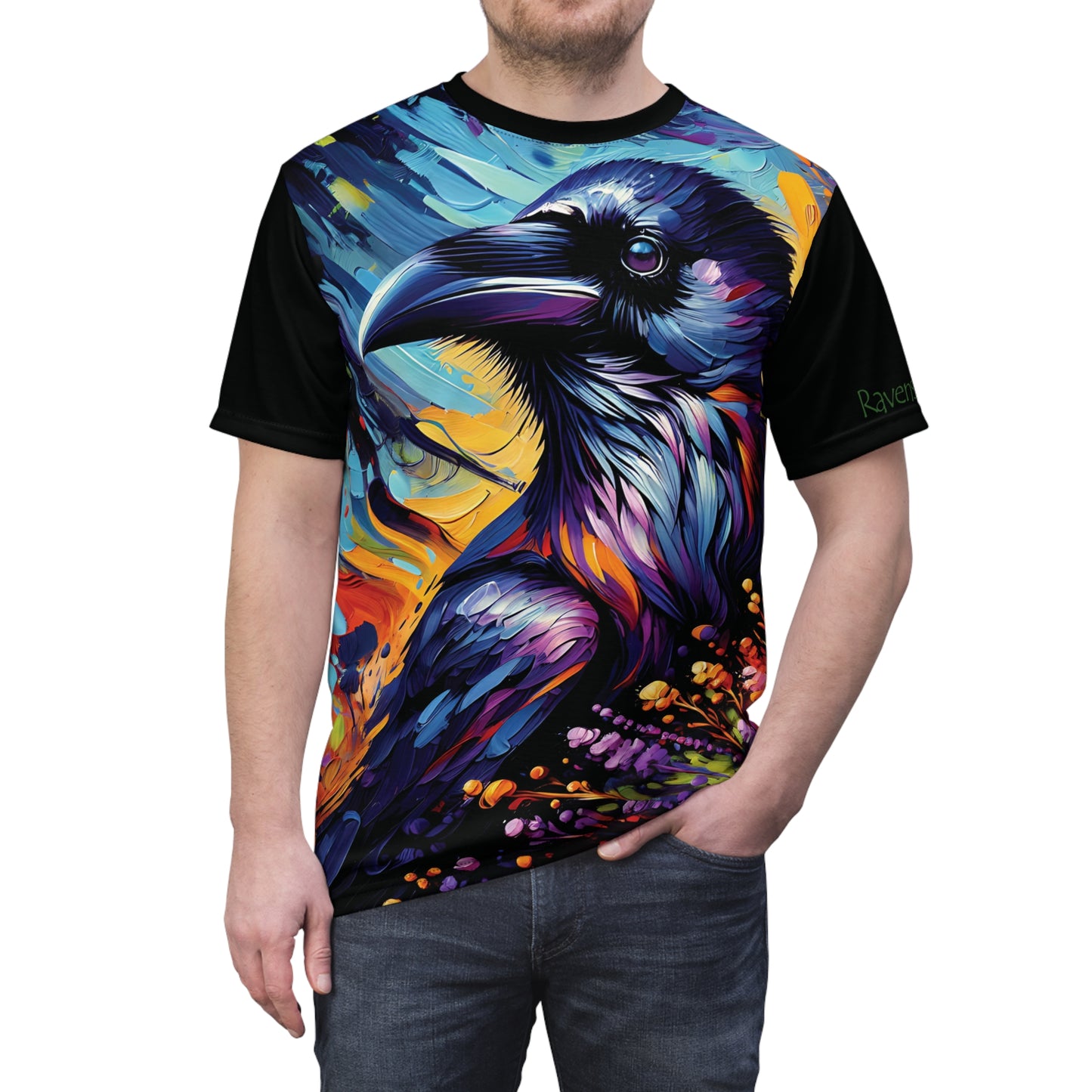 Colorful Raven Portrait Vibrant Art Tee | Colorful Unisex Cut & Sew T-Shirt, Wildlife Apparel, Unique Graphic Tee, Birthday Gift