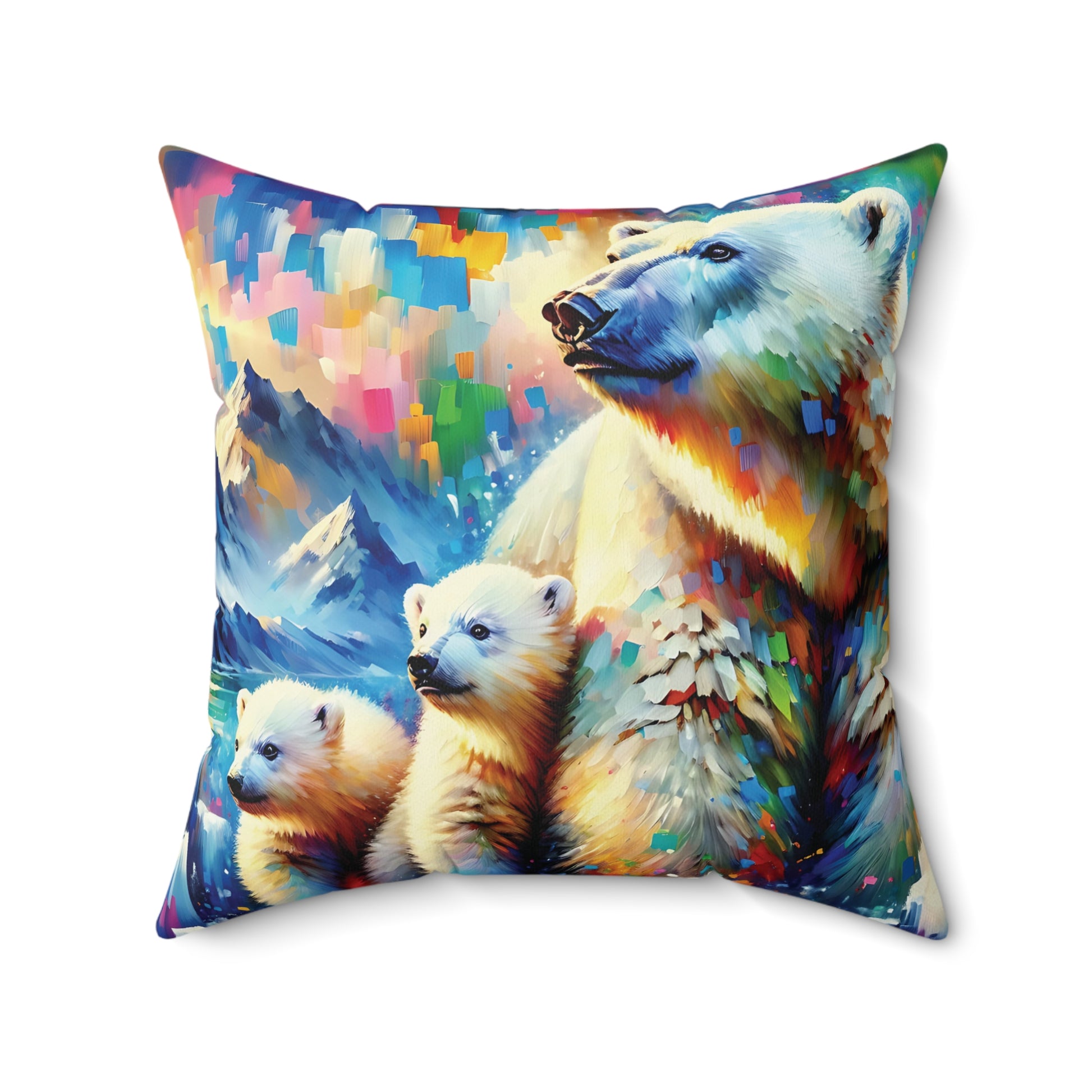 Decorative pillow with a colorful design of polar bears and mountains.