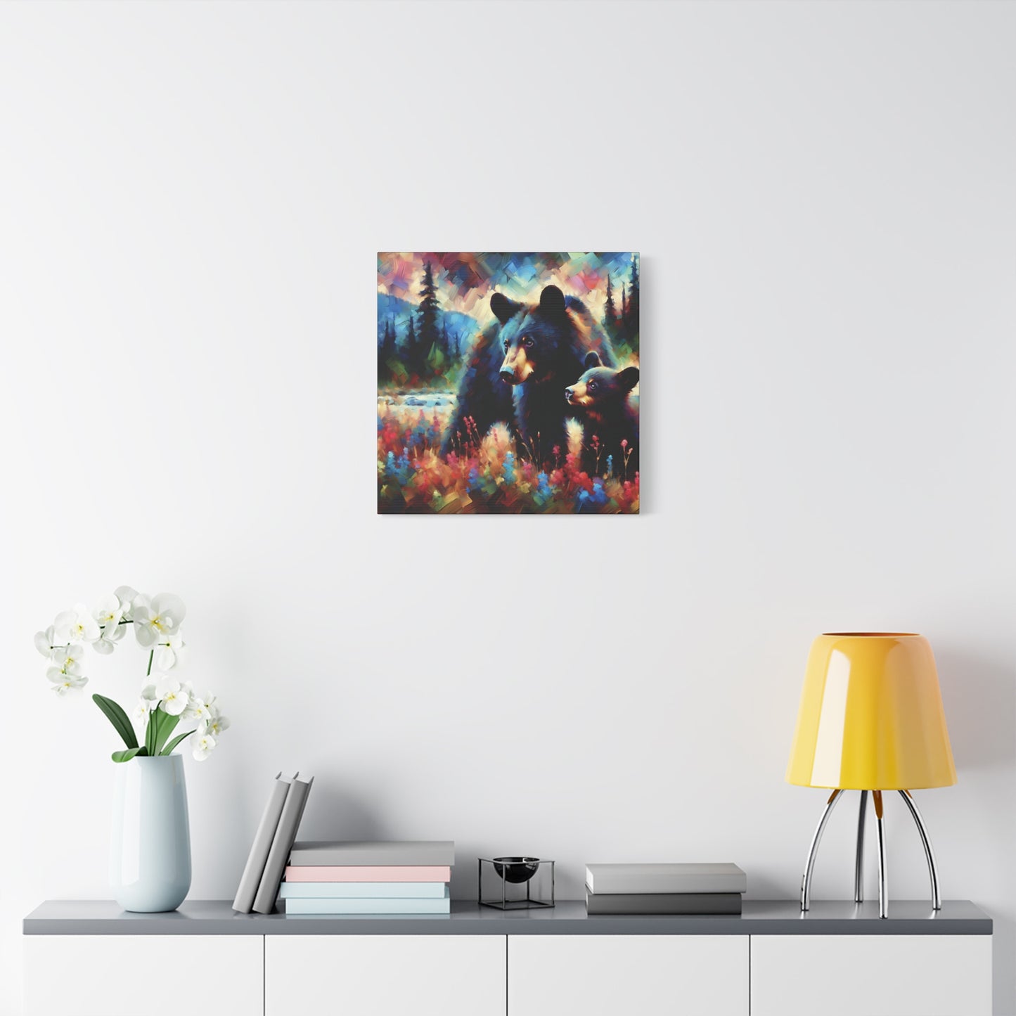 Canvas Wall Art - Black Bear with Cub in Forest Clearing - Contemporary Impressionist Art Print