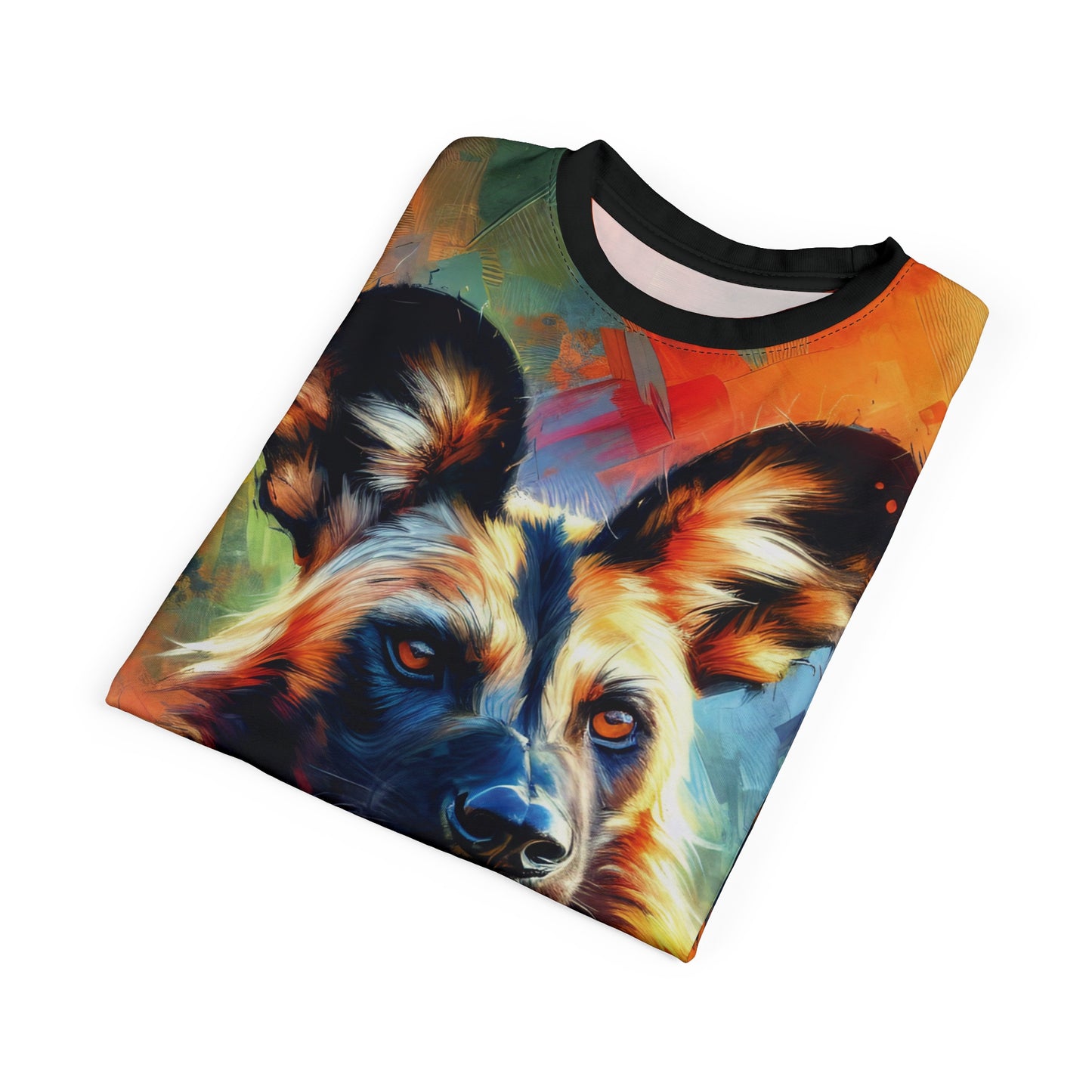 African Wild Dog Portrait Vibrant Art Tee | Colorful Unisex Cut & Sew T-Shirt, Wildlife Apparel, Unique Graphic Tee, Birthday Gift