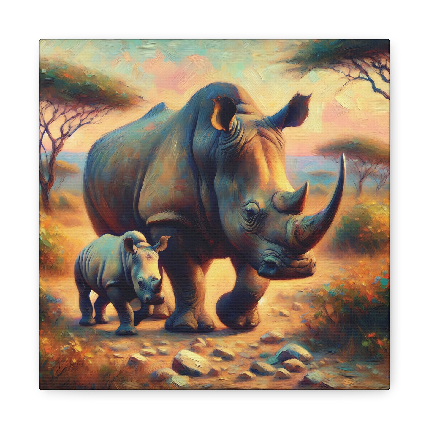 Rhino with Baby Impressionist Canvas Wall Art