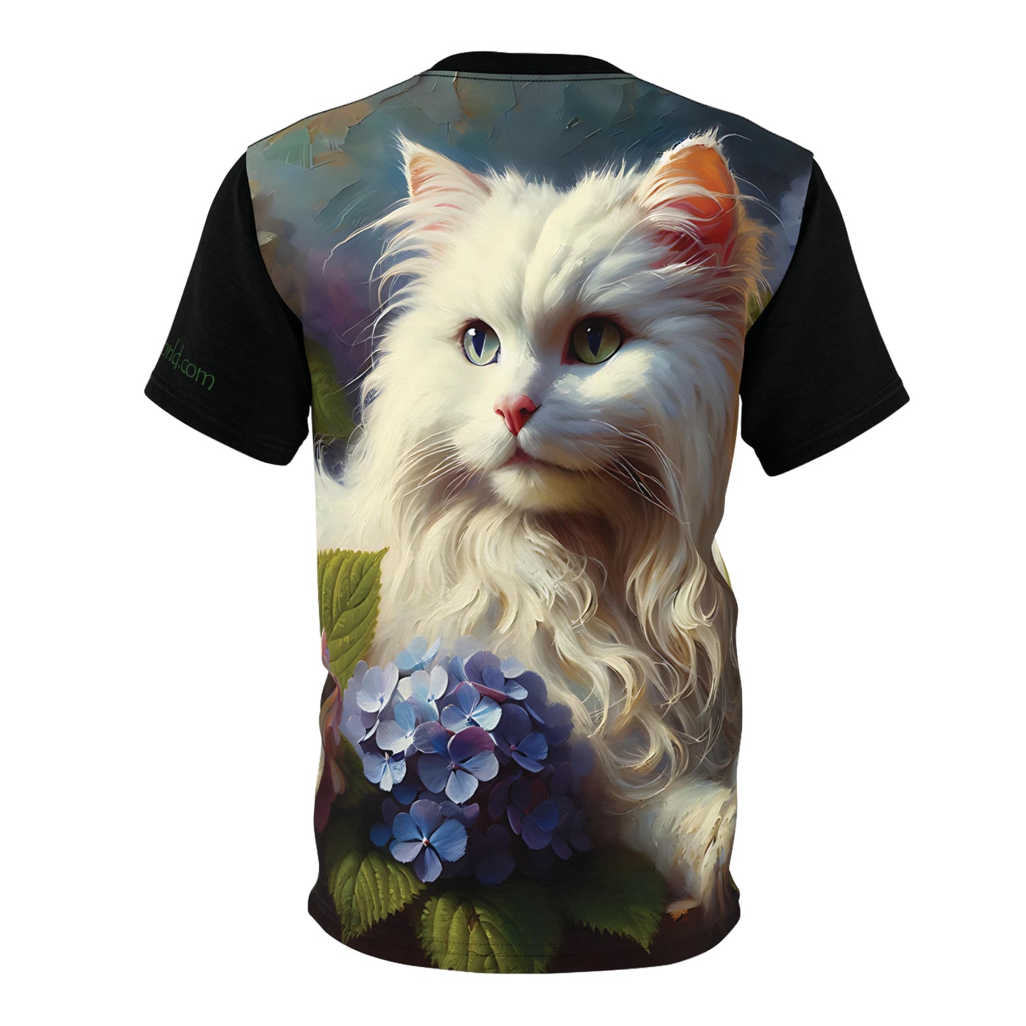 Young White Cat with Hydrangeas Vibrant Art Tee | Colorful Unisex Cut & Sew T-Shirt, Cat Lover Apparel, Unique Graphic Tee, Birthday Gift