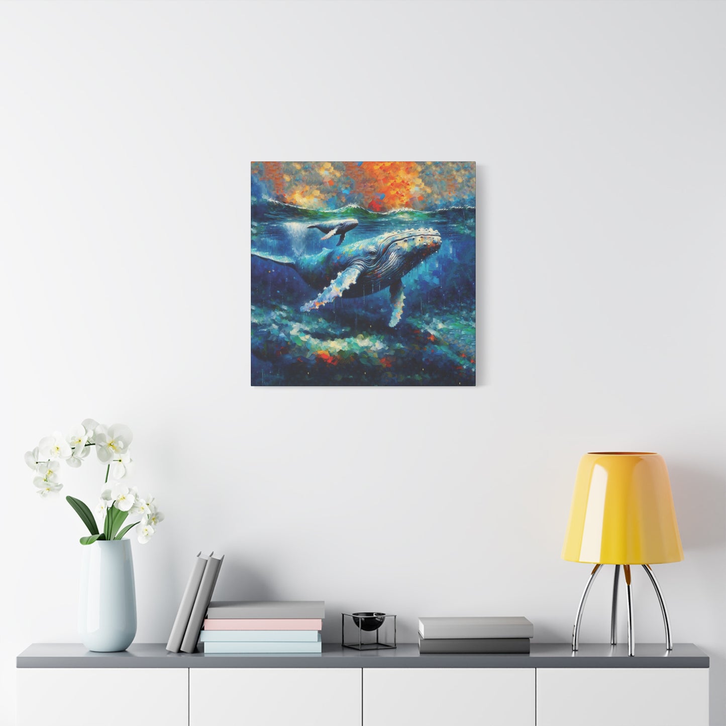 Humpback Whale and Calf Expressionist Canvas Art Print