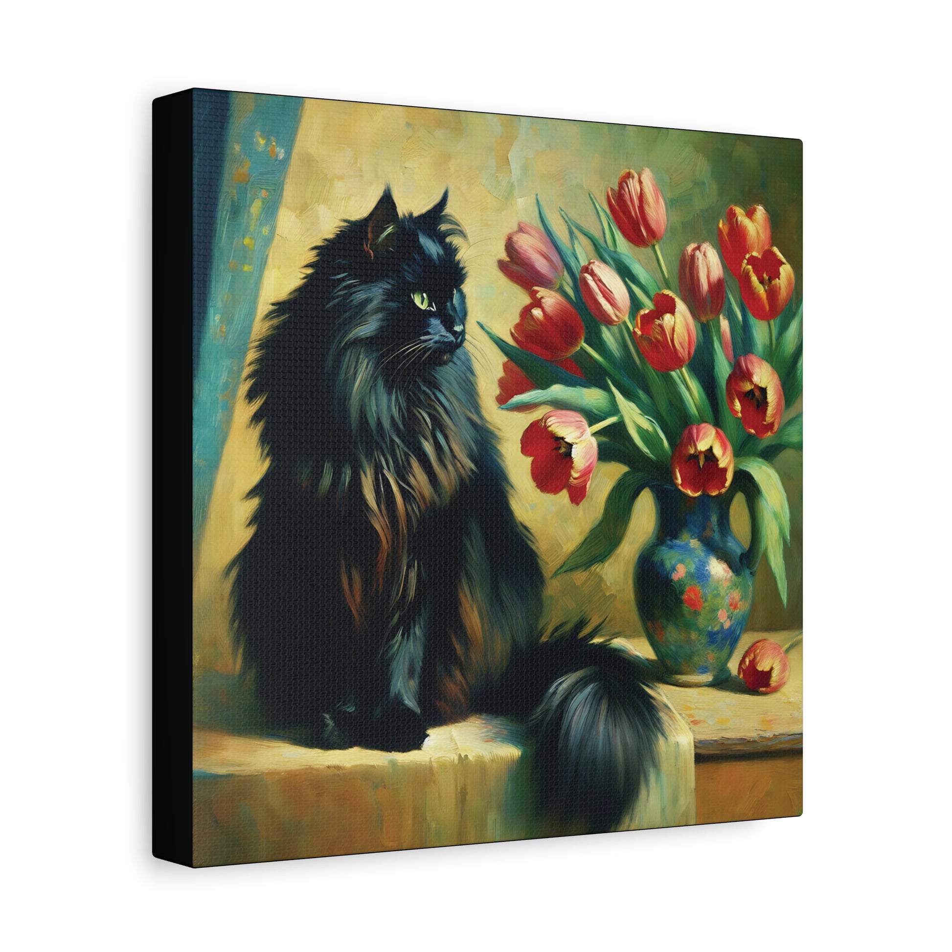 Canvas print of a black cat and tulips on a muted background