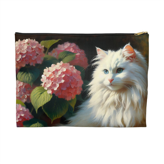 White Cat Accessory Pouch, Gift for Cat Lovers, Cute Cat Makeup Bag, Pet-Themed Gift, Floral Storage Bag, Cat Mom Essential