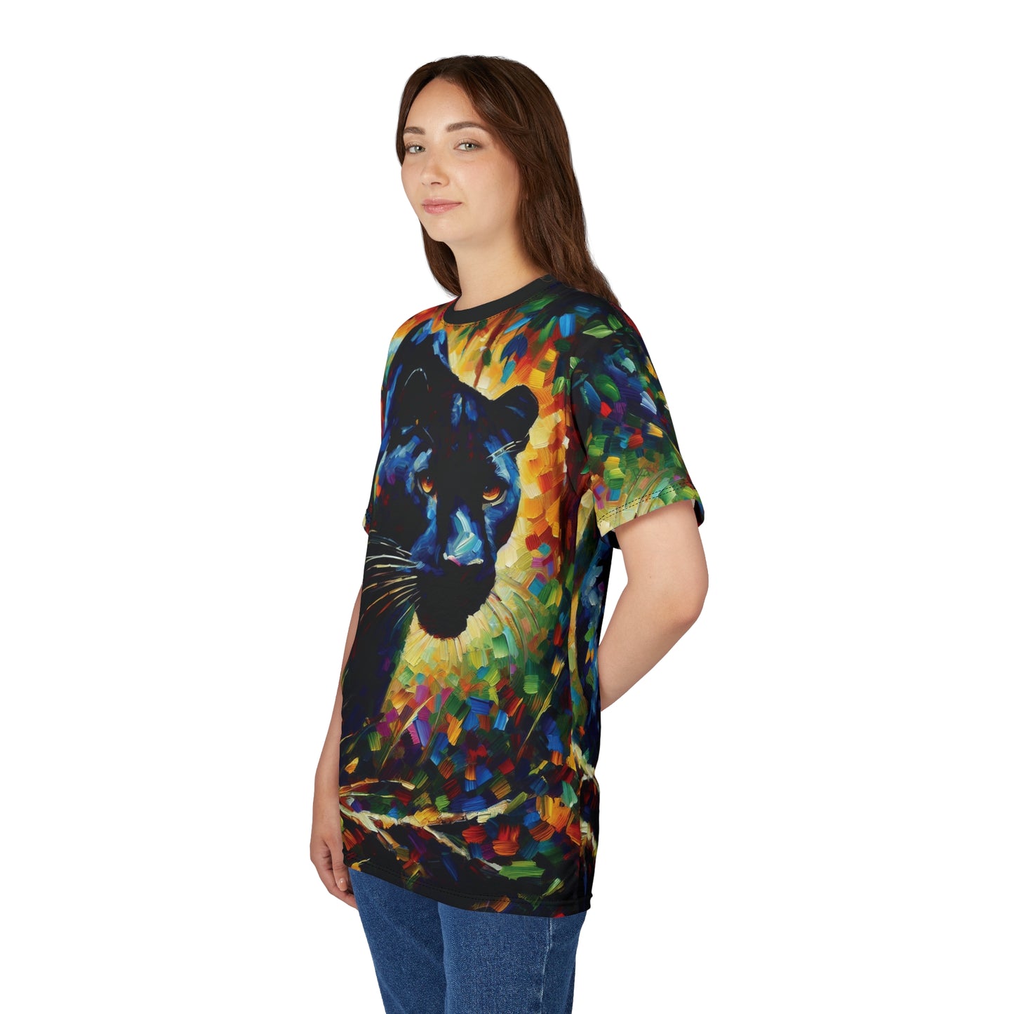 Stalking Black Panther in Jungle Vibrant Art Tee | Colorful Unisex Cut & Sew T-Shirt, Wildlife Apparel, Unique Graphic Tee, Birthday Gift