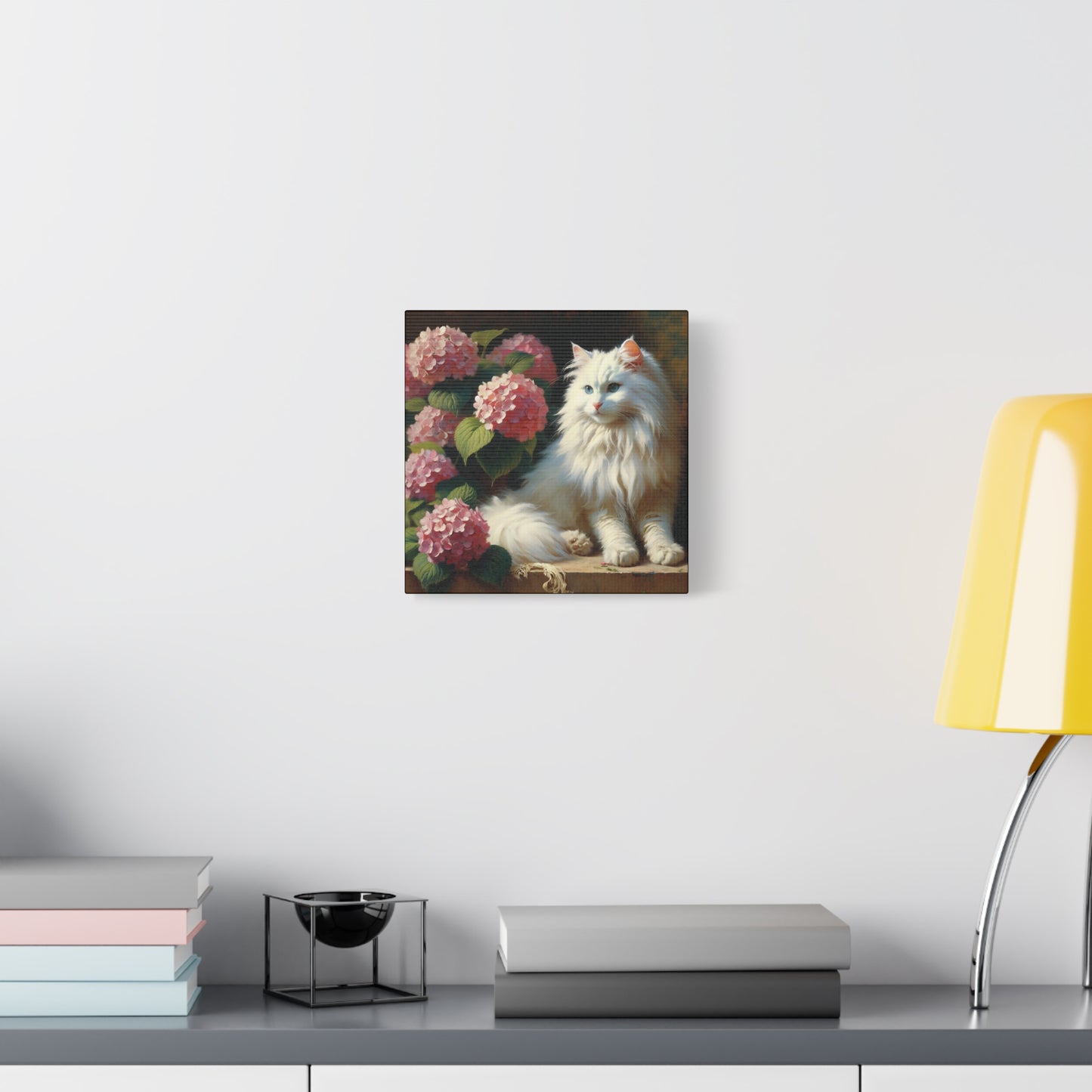 Canvas Wall Art - Blue-Eyed White Cat with Pink Hydrangeas, Impressionist Style Square Print
