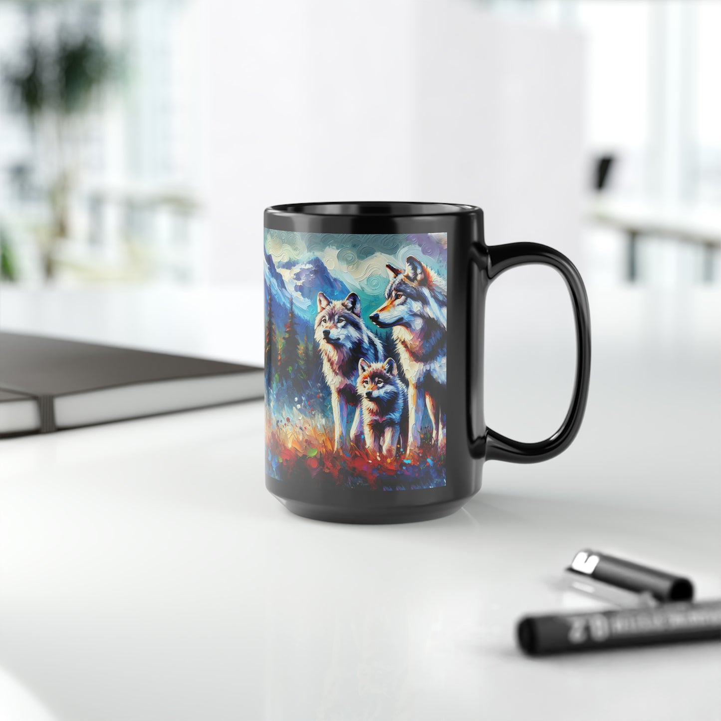 Gray Wolf Family - Black Mugs (11oz, 15oz)